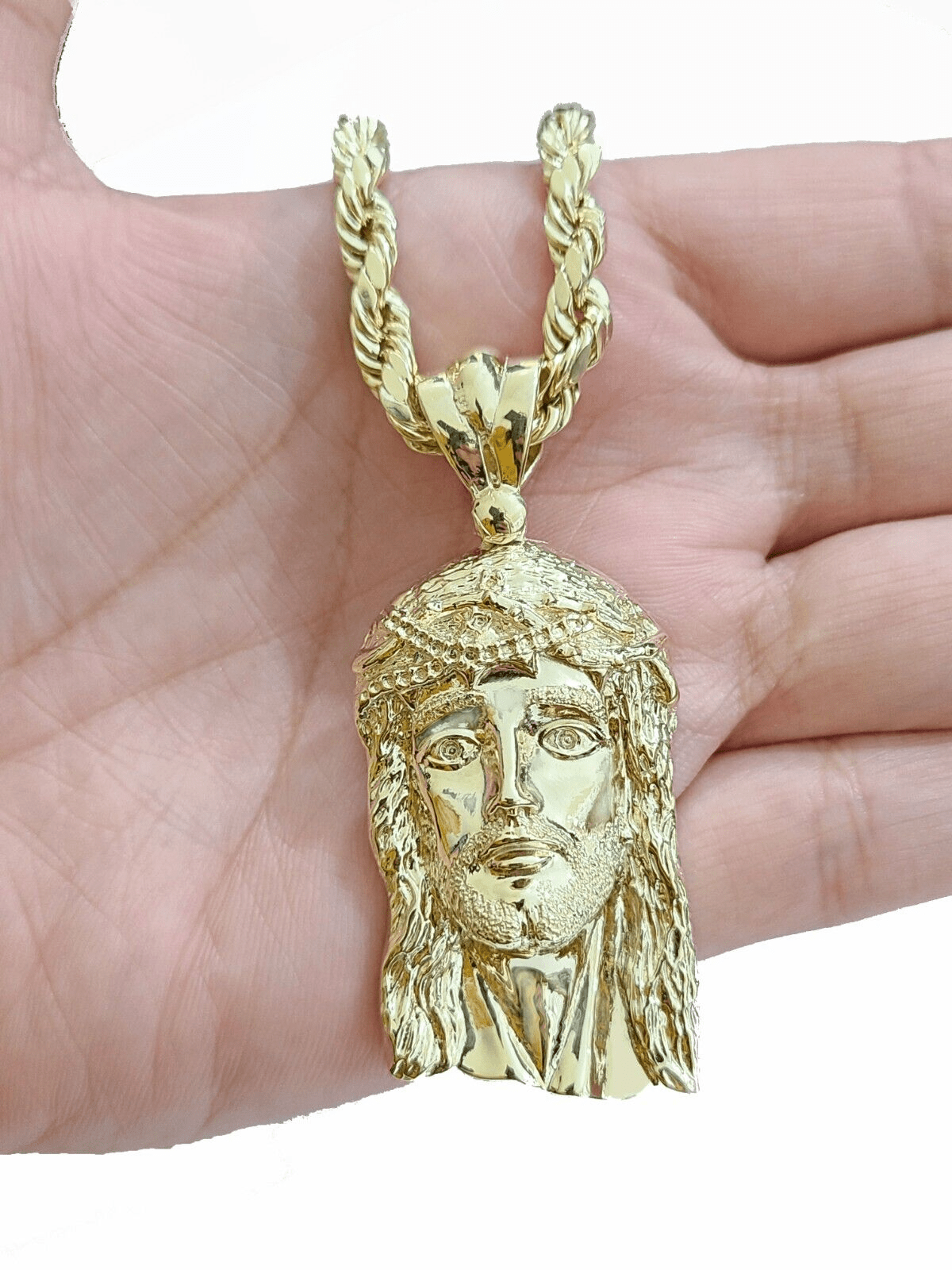 10k Gold Jesus Head Charm Rope Chain Necklace 6mm 22'' Set & Pendant 10kt REAL - GoldenlinQ